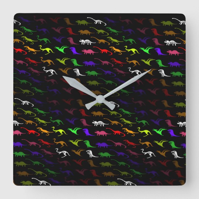 Unusual cool rainbow colorful cute dinosaur square wall clock (Front)