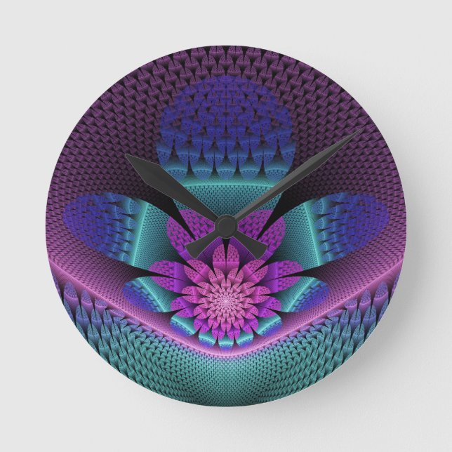 Unusual Patterned Colourful Fantasy Flower Fractal Round Clock (Front)