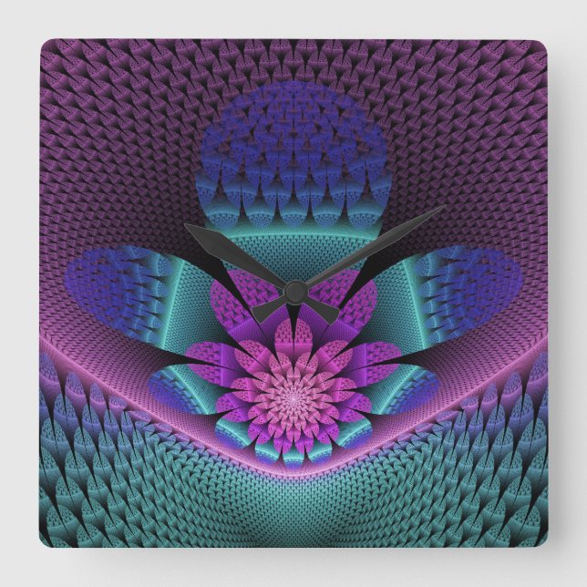 Unusual Patterned Colourful Fantasy Flower Fractal Square Wall Clock (Front)