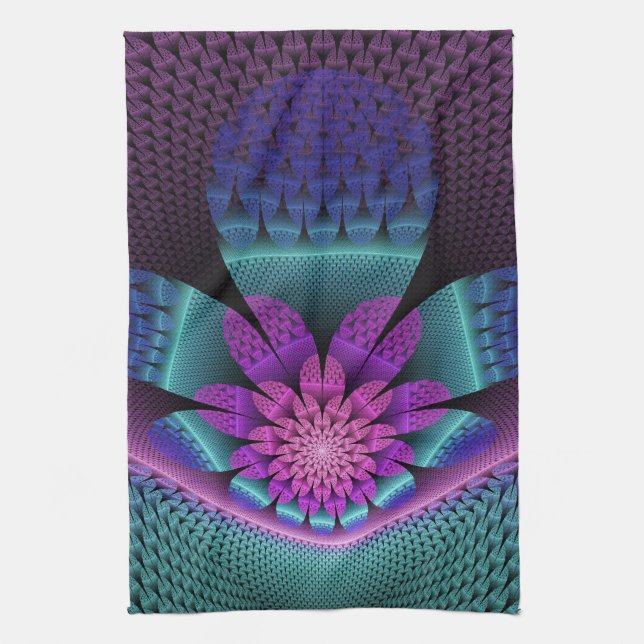 Unusual Patterned Colourful Fantasy Flower Fractal Tea Towel (Vertical)
