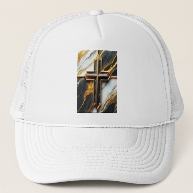 Unveiled Black and White Marble Cross With Gold Trucker Hat (Front)