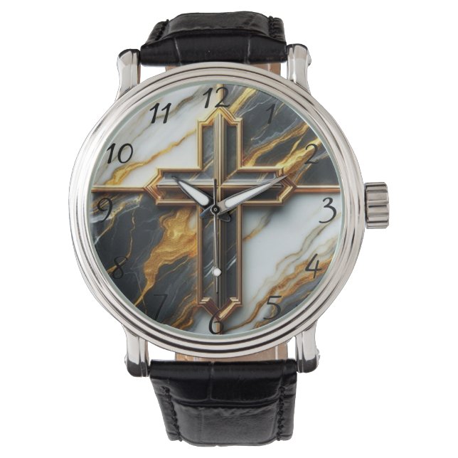 Unveiled Black and White Marble Cross With Gold  Watch (Front)