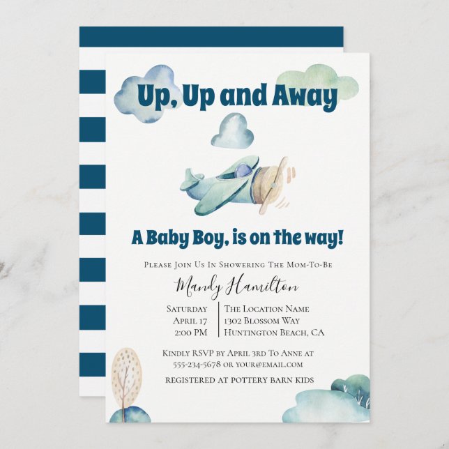 Up And Away Aeroplane Baby Shower Invitation (Front/Back)