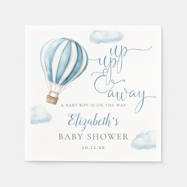 Up And Away Blue Hot Air Balloon Boy Baby Shower Napkin (Front)