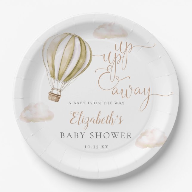 Up And Away  Hot Air Balloon Neutral Baby Shower Paper Plate (Front)