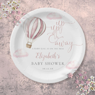 Up And Away Pink Hot Air Balloon Girl Baby Shower Paper Plate