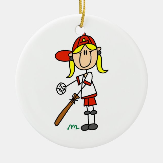 Up At Bat Girl Stick Figure Baseball Gifts Ceramic Tree Decoration (Front)