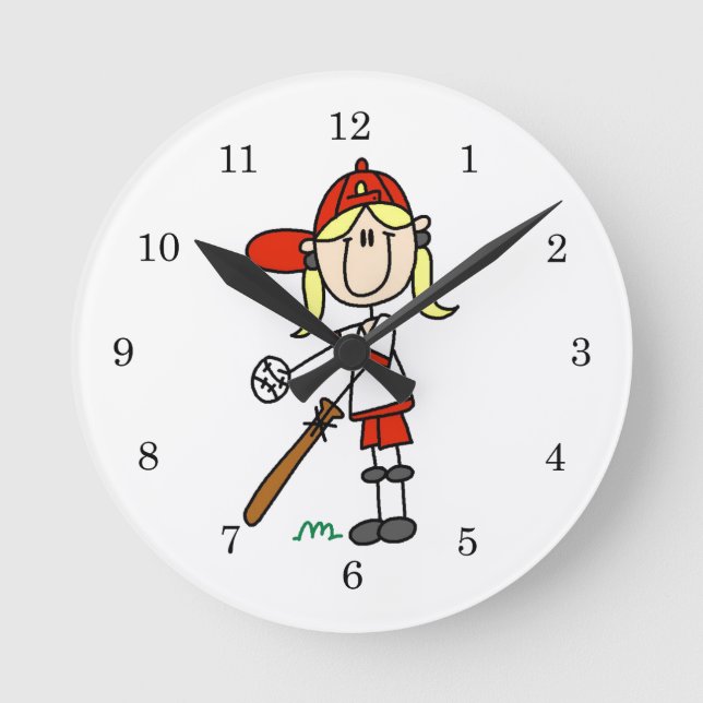 Up At Bat Girl Stick Figure Baseball Gifts Round Clock (Front)