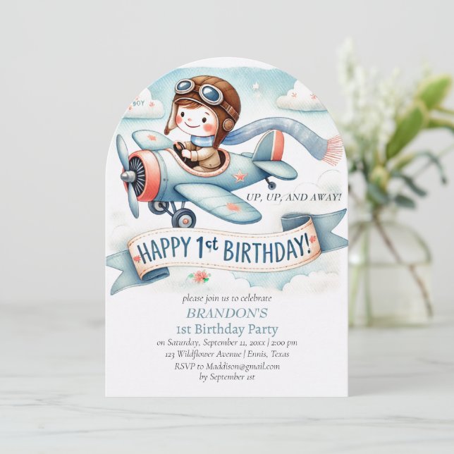 Up & Away 1st Birthday Boy Aeroplane Invitation (Standing Front)