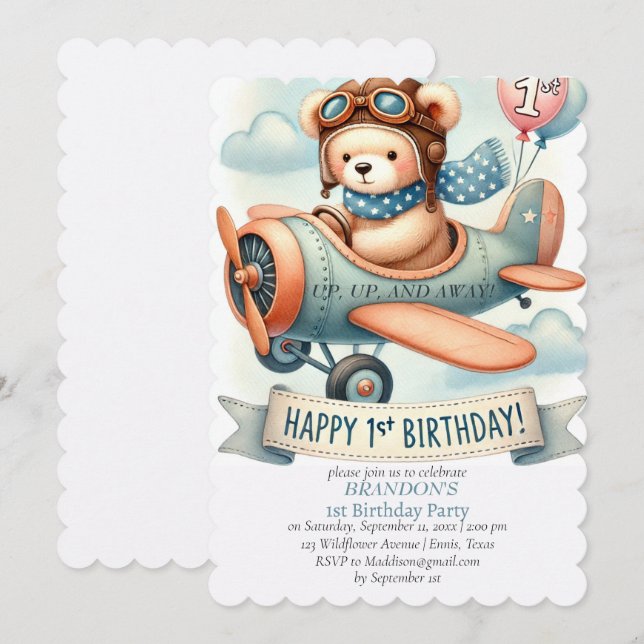 Up & Away 1st Birthday Boy Aeroplane Invitation (Front/Back)