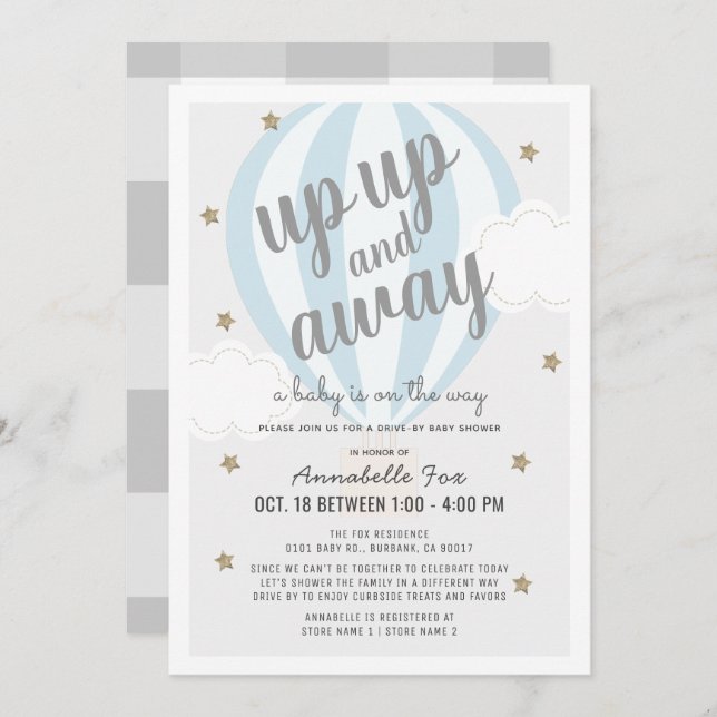 Up Away Hot Air Balloon Drive-by Blue Shower Invitation (Front/Back)