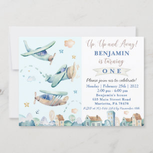 Up & Away   Vintage Aeroplane Birthday Party Invit Invitation