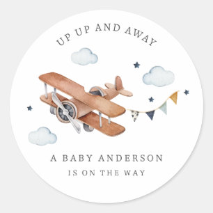 Up & Away, Vintage Watercolor Aeroplane Baby Showe Classic Round Sticker