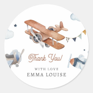 Up & Away, Vintage Watercolor Airplane Baby Shower Classic Round Sticker