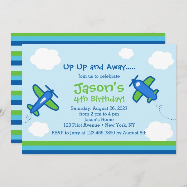 Up UP and Away Aeroplane Birthday Party  Invitation (Front/Back)