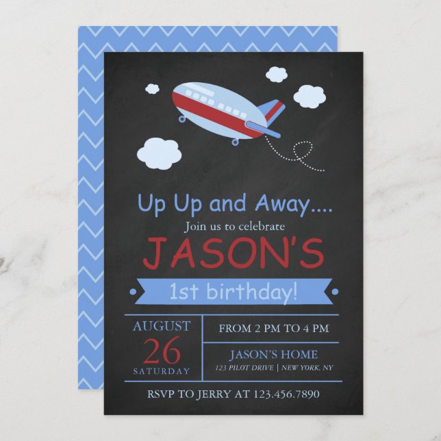 Up Up and Away Aeroplane Chalkboard Birthday Party Invitation (Front/Back)