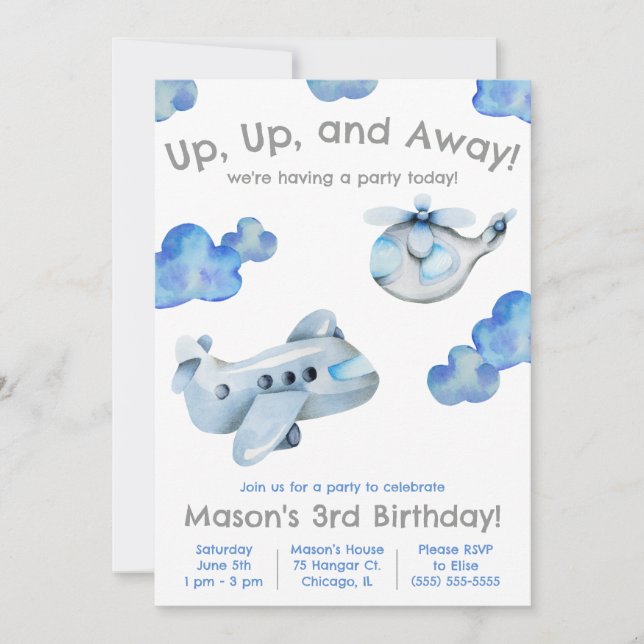 Up, Up and Away! Aeroplane, Helicopter Birthday Invitation (Front)
