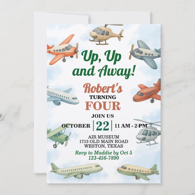 Up Up and Away Aircraft Birthday Invitation (Front)