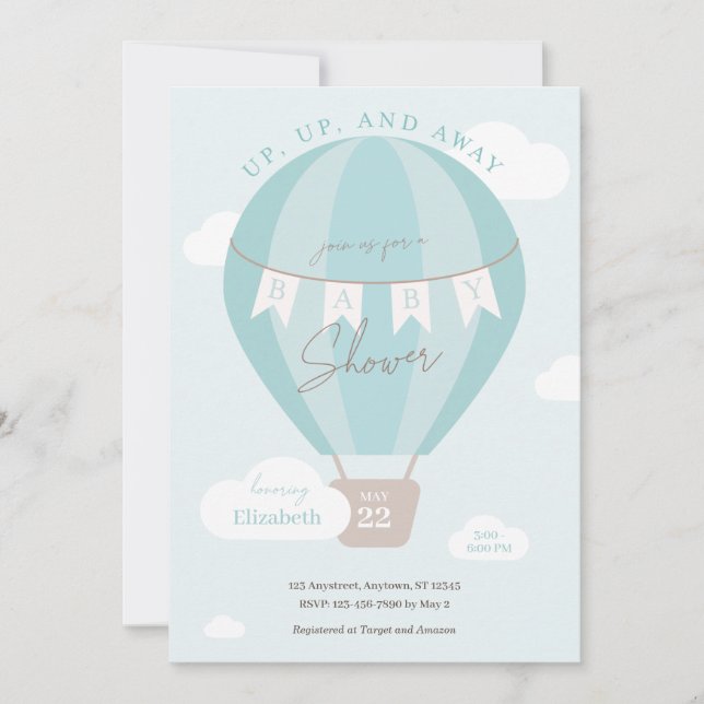 Up Up and Away Blue Hot Air Balloon Baby Shower Invitation (Front)