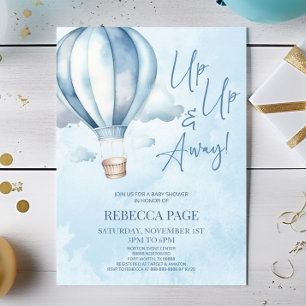 Up Up and Away! Blue Hot Air Balloon Baby Shower Invitation