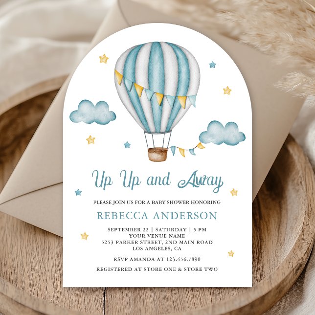 Up Up and Away Blue Hot Air Balloon Baby Shower Invitation (Creator Uploaded)