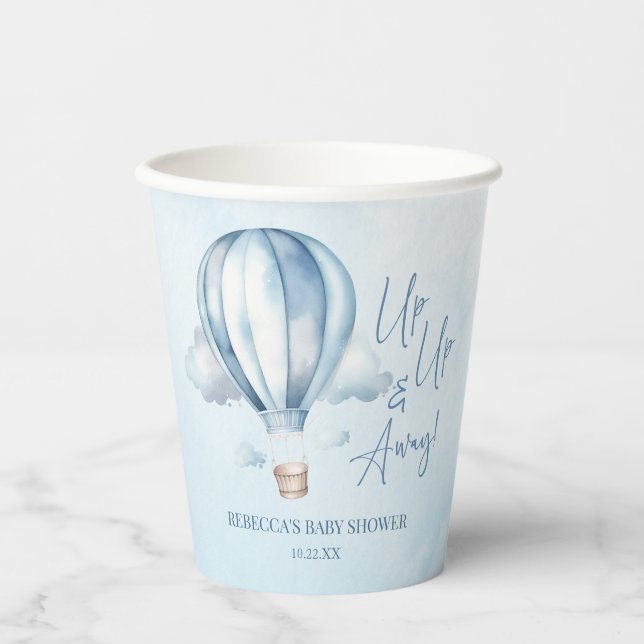 Up Up and Away! Blue Hot Air Balloon Baby Shower Paper Cups (Front)