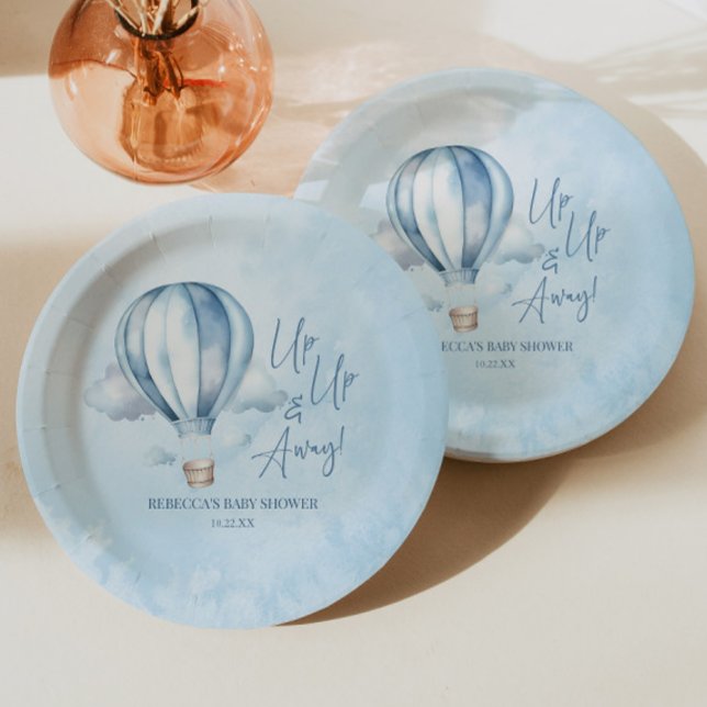 Up Up and Away! Blue Hot Air Balloon Baby Shower Paper Plate (Creator Uploaded)