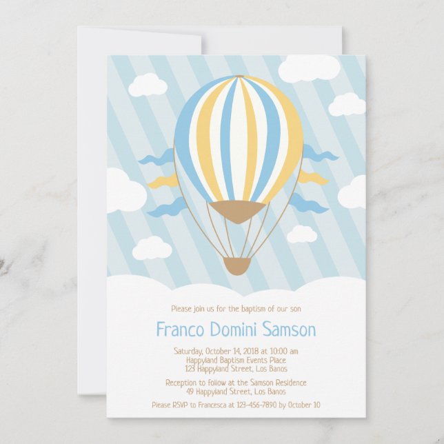 Up Up and Away Hot Air Balloon Baptism Invitation (Front)