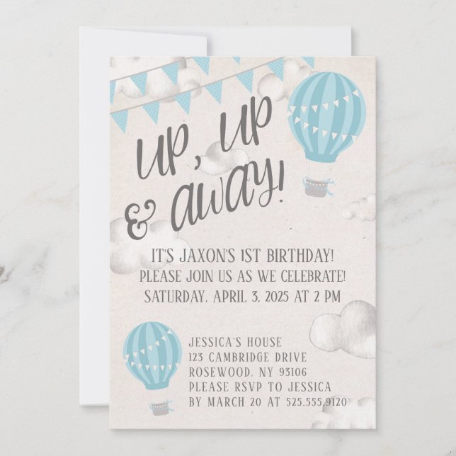 Up Up and Away Hot Air Balloon Birthday Party Invitation (Front)