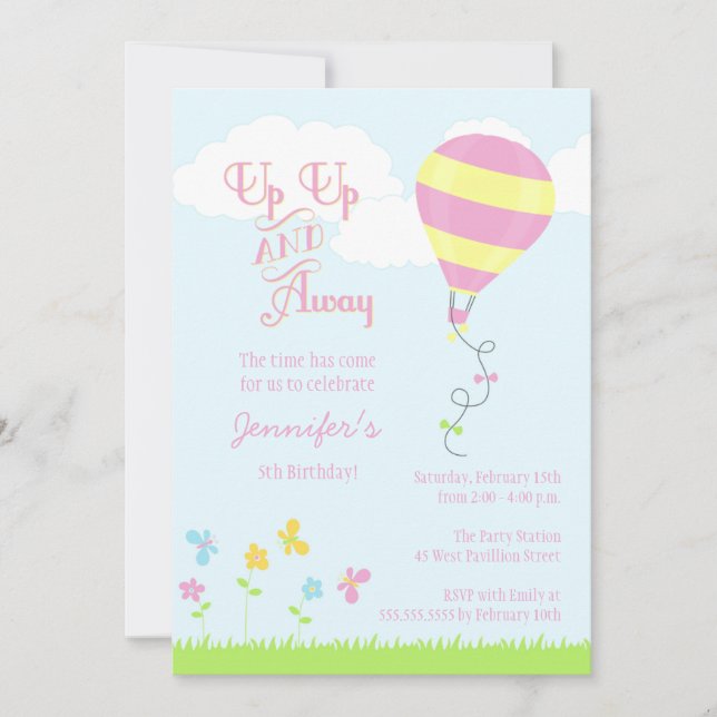 Up up and away hot air balloon girl birthday party invitation (Front)