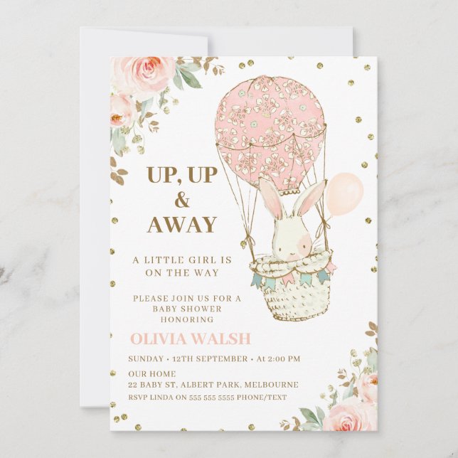 Up Up and Away Hot Air Balloon Pink Baby Shower In Invitation (Front)