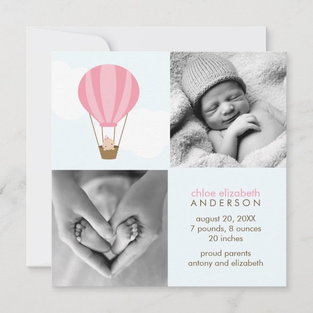 Up, Up and Away! Pink Balloon Baby Announcements (Front)