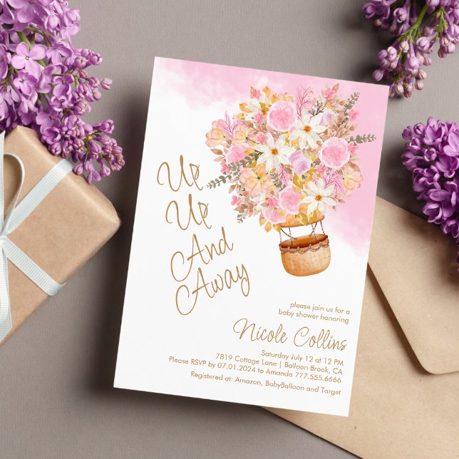 Up Up and Away Pink Floral Balloon Baby Shower  Invitation (Creator Uploaded)