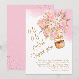 Up, Up, and Away – Pink Floral Balloon Baby Shower Thank You Card