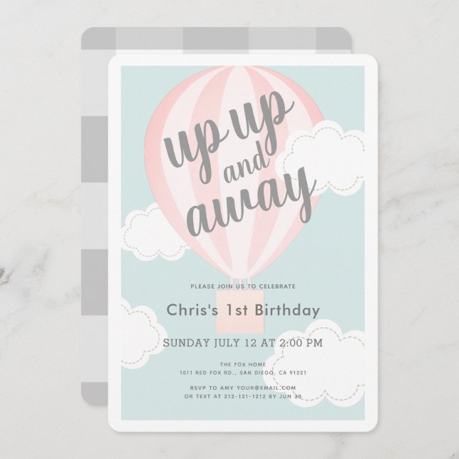 Up Up and Away Pink Hot Air Balloon 1st Birthday Invitation (Front/Back)