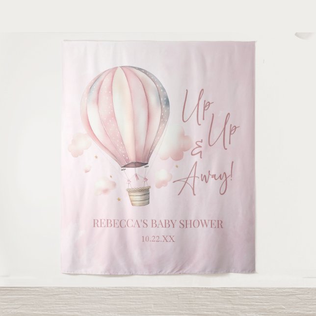Up Up and Away! Pink Hot Air Balloon Baby Shower Tapestry (Front)