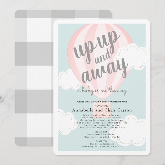 Up Up and Away Pink Hot Air Balloon Shower by Mail Invitation (Front/Back)