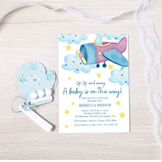 Up Up and Away Purple Aeroplane Baby Boy Shower Invitation (Creator Uploaded)