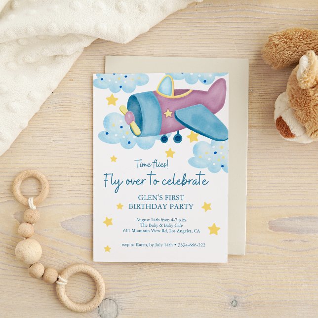 Up Up and Away Purple Aeroplane Birthday Boy Invitation (Creator Uploaded)
