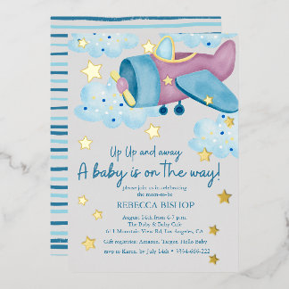 Up Up and Away Purple Grey Aeroplane Baby Shower