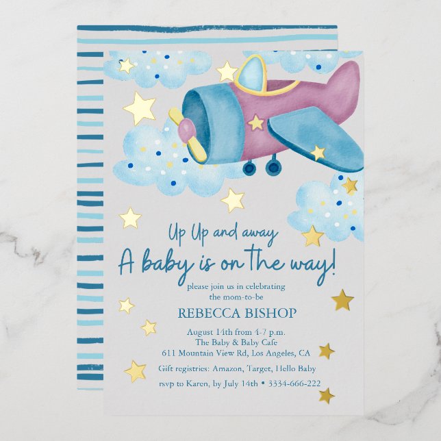 Up Up and Away Purple Grey Aeroplane Baby Shower (Front/Back)
