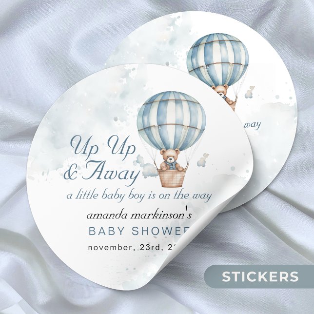 Up Up and Away! Teddy Bear Balloon Baby Shower  Classic Round Sticker (Creator Uploaded)