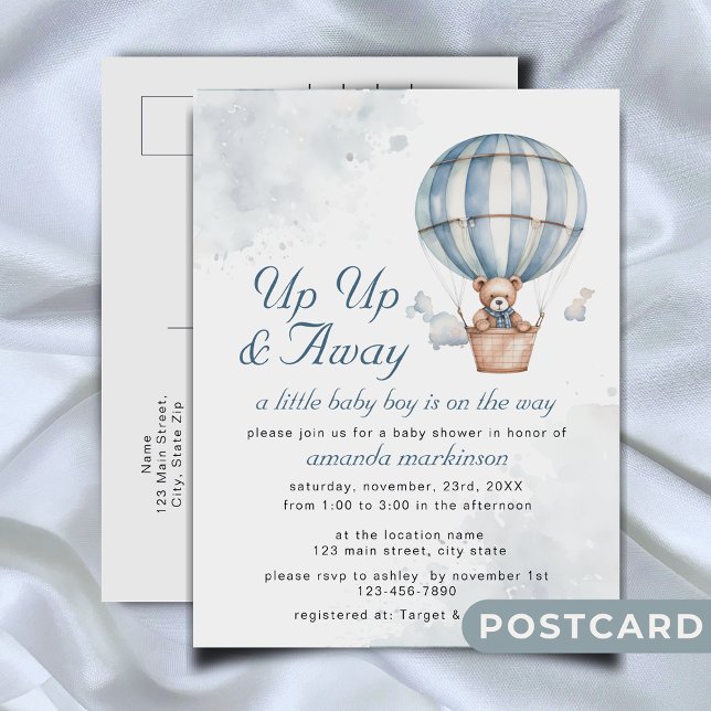 Up Up and Away! Teddy Bear Balloon Baby Shower  Postcard (Creator Uploaded)