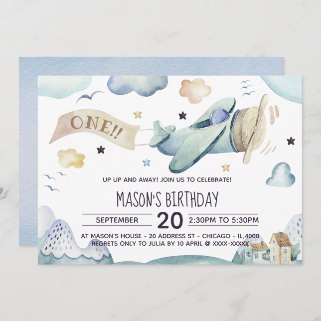 Up Up and Away Watercolor Aeroplane Birthday Party Invitation (Front/Back)