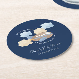 Up Up and Away Watercolor Aeroplane Boy Baby Showe Round Paper Coaster