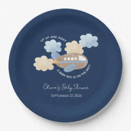 Up Up and Away Watercolor Airplane Boy Baby Shower Paper Plate