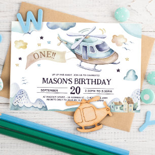 Up Up and Away Watercolor Helicopter Birthday Invitation