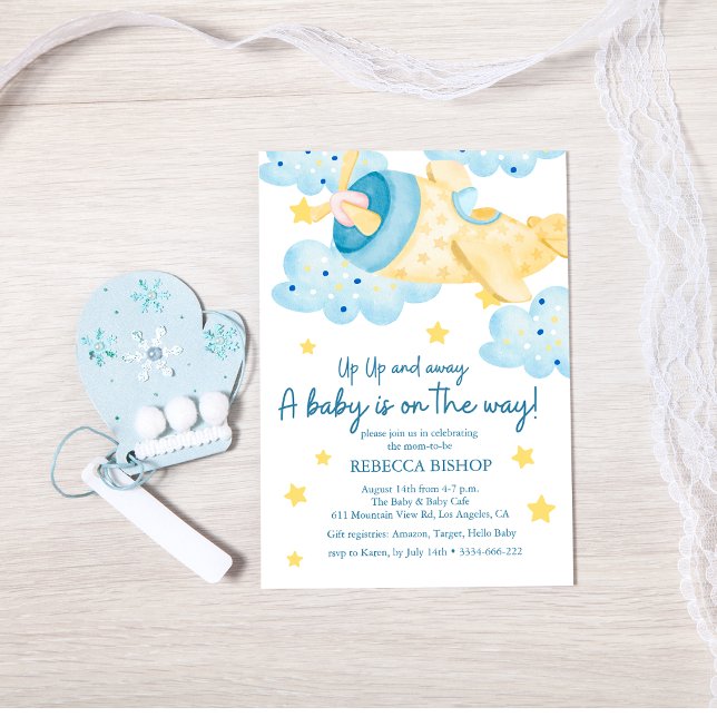 Up Up and Away Yellow Aeroplane Baby Boy Shower Invitation (Creator Uploaded)