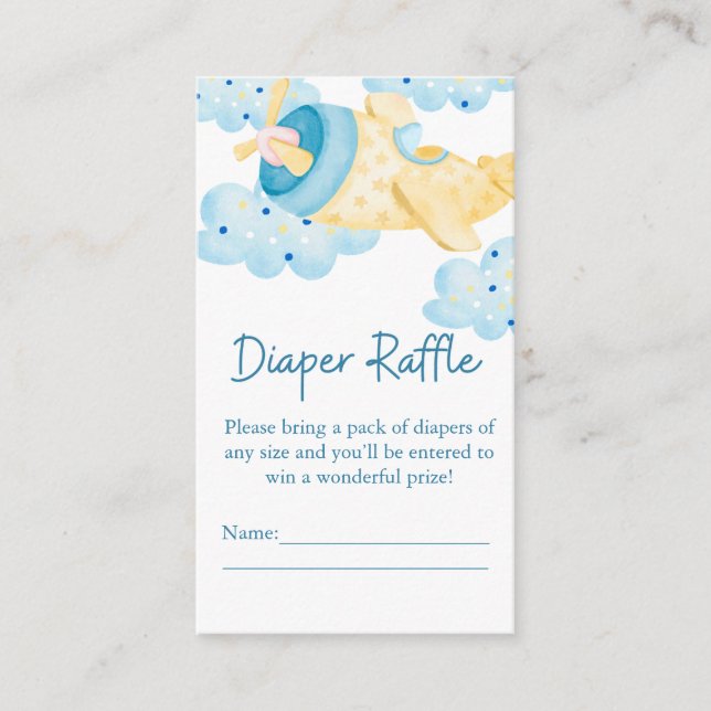 Up Up and Away Yellow Aeroplane Diaper Raffle Enclosure Card (Front)