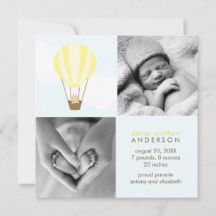Up, Up and Away! Yellow Balloon Baby Announcements